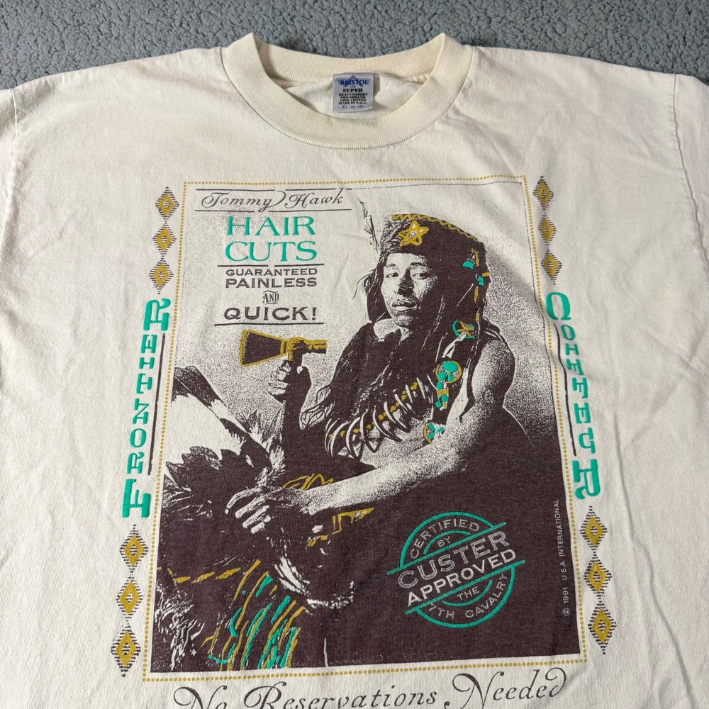 Vintage 1991 Tommy Hawk Frontier Coiffeur T Shirt Mens XL Single Stitch Cream